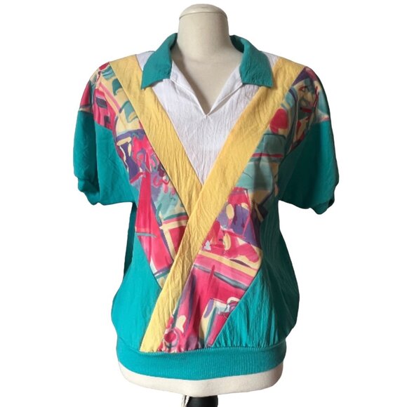 Vintage Cape Cod Petites Track Shirt Sz 14 (Large) Retro Collared 80's Blouse - Picture 6 of 11